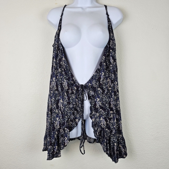 Free People Boho Floral Tie Front Tank Top Ruffle Hem Blue Size S - Picture 2 of 11